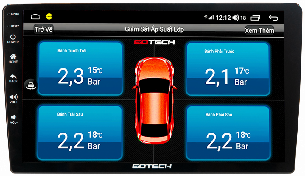 Theo dõi tình trạng áp suất lốp qua màn hình ô tô Gotech GT9